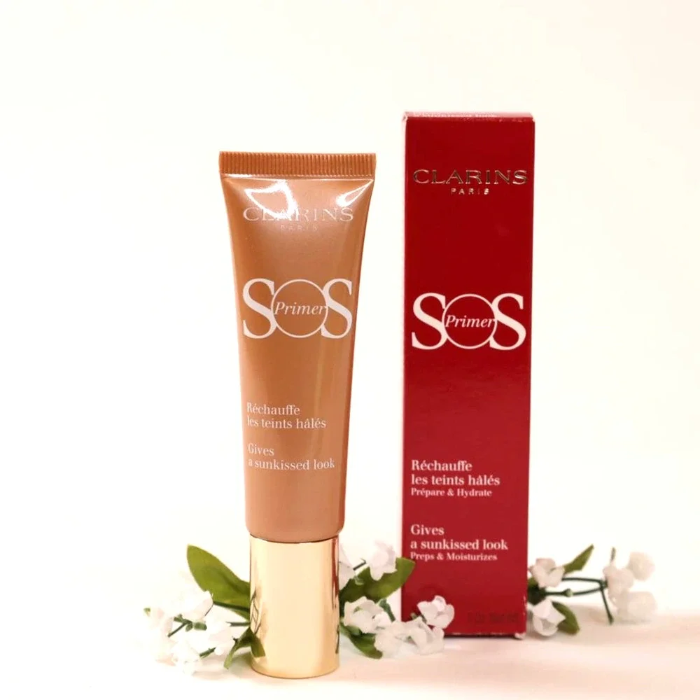 Clarins Glow Bundle SOS Bronze Primer + Red Shimmer Lip Perfector High Gloss NIB